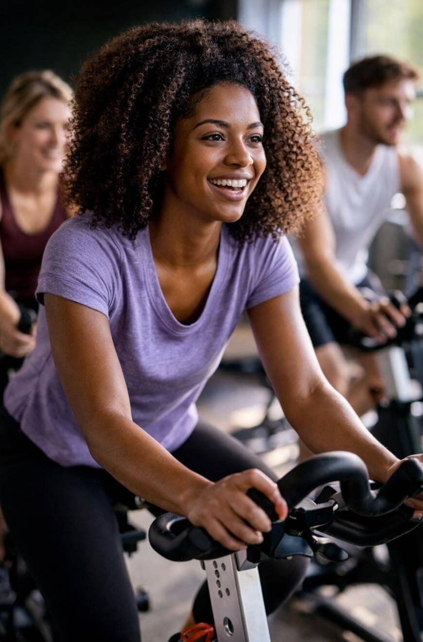A smiling woman in a purple t-shirt rides a stationary bike in a gym class, with two other people cycling in the background.