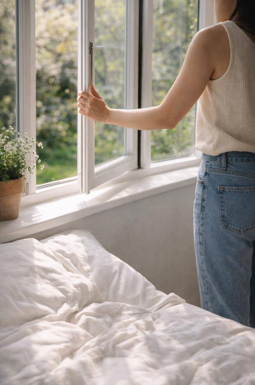 A person in a sleeveless top and jeans opens a window beside a bed with white sheets. Sunlight streams in, and a small potted plant sits on the windowsill.
