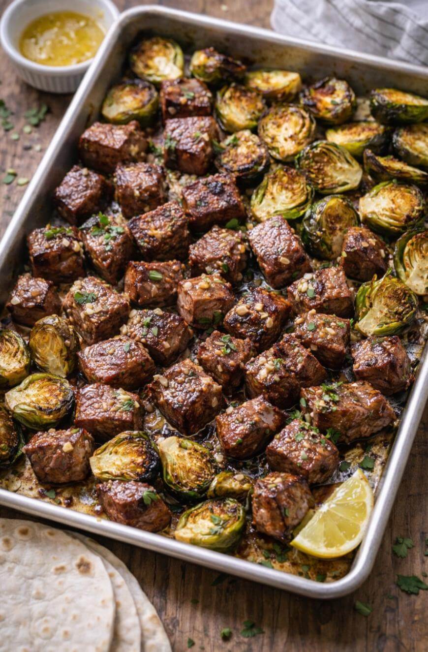 A baking sheet filled with browned steak bites and roasted Brussels sprouts, garnished with herbs. A lemon wedge, tortillas, and a small bowl of sauce are nearby on a rustic wooden surface.