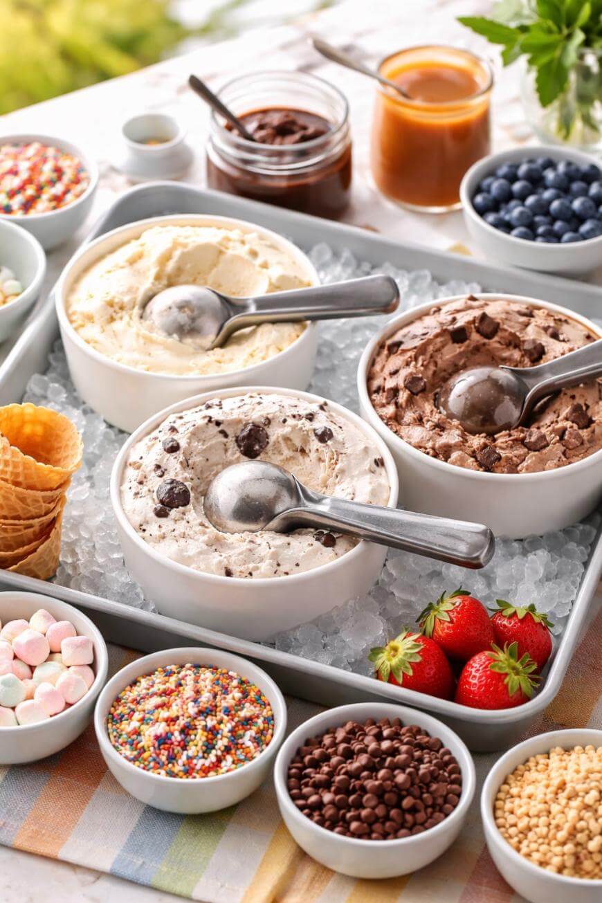 Three bowls of ice cream with scoops rest on ice, surrounded by toppings like sprinkles, chocolate chips, marshmallows, blueberries, strawberries, cones, and jars of chocolate and caramel sauce.