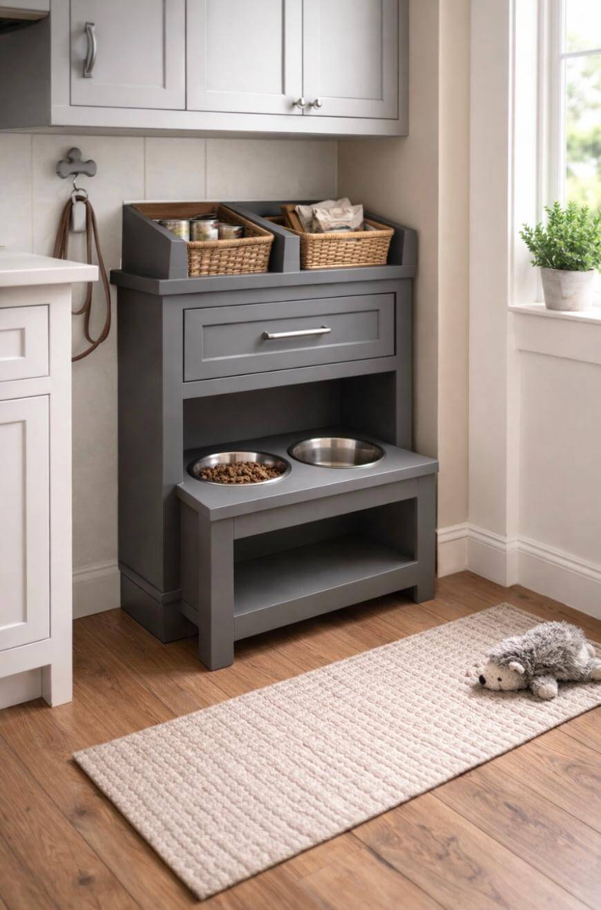 A gray pet feeding station with two metal bowls, storage drawers, and baskets sits in a bright kitchen. A rope toy hangs nearby, and a plush dog toy is on a beige rug on the wooden floor.