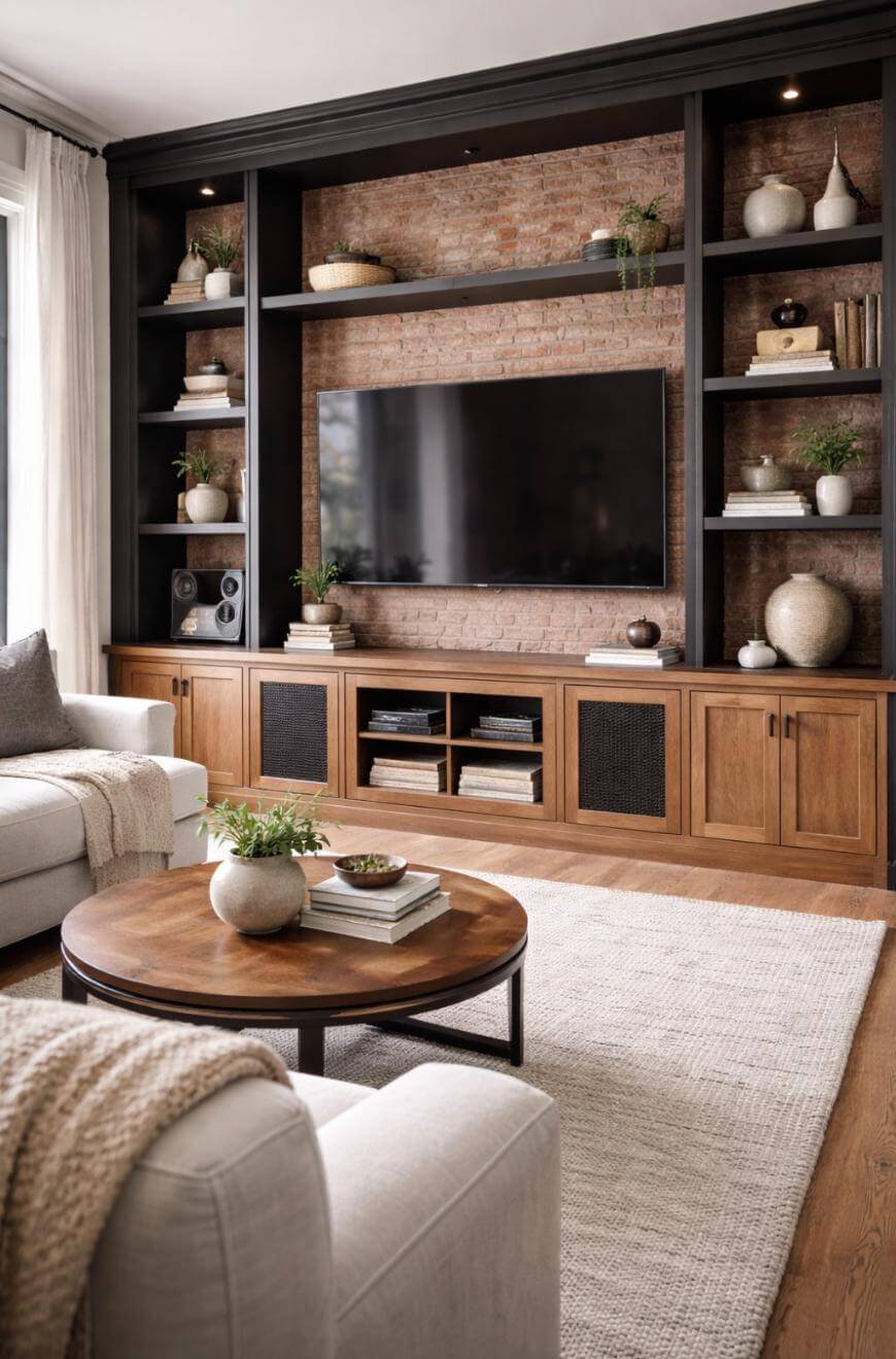 A cozy living room features a wall-mounted TV on a brick accent wall, surrounded by built-in dark shelves with books, vases, and plants. Wooden cabinets, a round coffee table, and light furniture complete the modern decor.