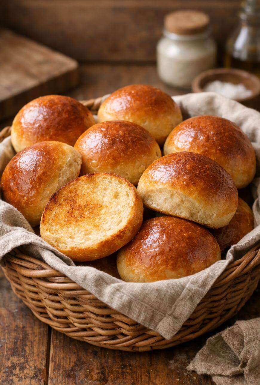 A basket lined with cloth holds several shiny, golden-brown bread rolls, with one roll split open to show its soft, fluffy interior. In the background, there are jars and a wooden cutting board.