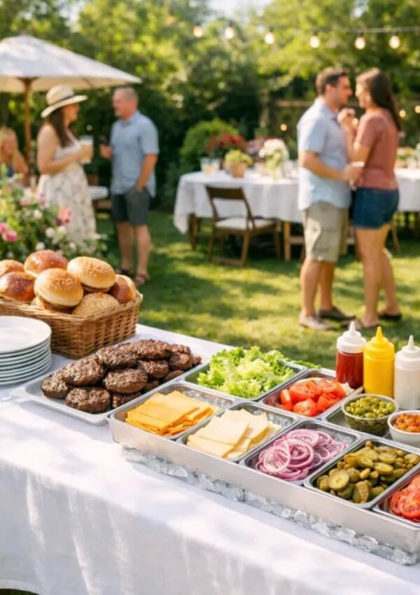 A backyard picnic scene with a buffet table holding burger patties, buns, cheese, vegetables, and condiments. People stand and talk in the background under string lights and trees.