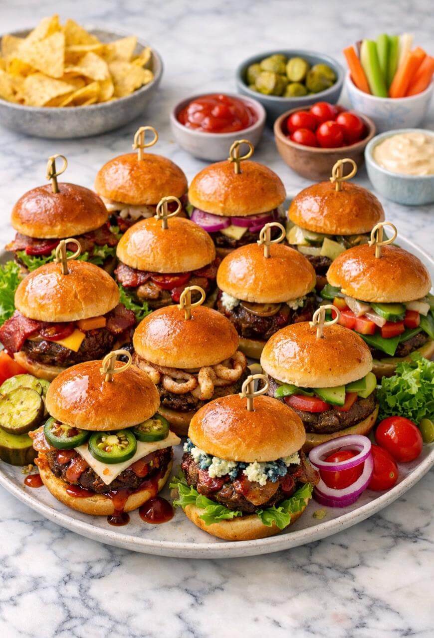 A platter of assorted gourmet sliders with various toppings, surrounded by small bowls of chips, pickles, cherry tomatoes, carrot sticks, sauces, and dips, displayed on a marble surface.