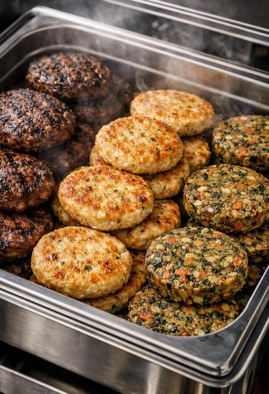 A stainless steel tray filled with three kinds of cooked patties: dark brown beef patties, golden chicken patties, and multicolored vegetable patties, with steam rising from the hot food.