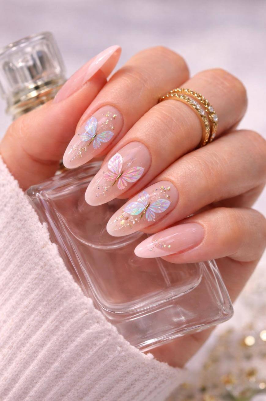 A hand with long, almond-shaped nails painted in a soft pink color, decorated with iridescent butterfly nail art and small gold glitter accents, holding a clear glass perfume bottle. The person wears gold rings.