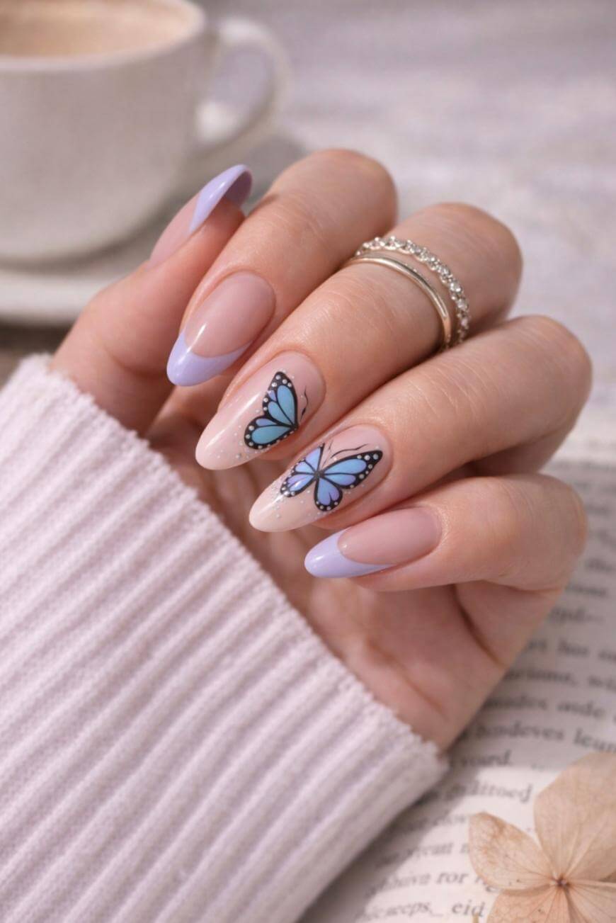 A hand with long, almond-shaped nails features a light purple French tip design. Two nails have detailed blue butterfly nail art. The hand wears stacked rings and rests on a book, with a cup in the background.