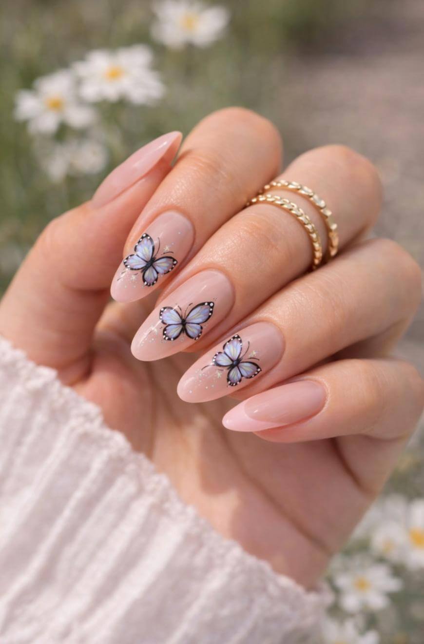 A hand with almond-shaped nails features a nude pink manicure with delicate blue butterfly nail art on two fingers. The person wears gold rings and a light textured sleeve. White daisies are blurred in the background.