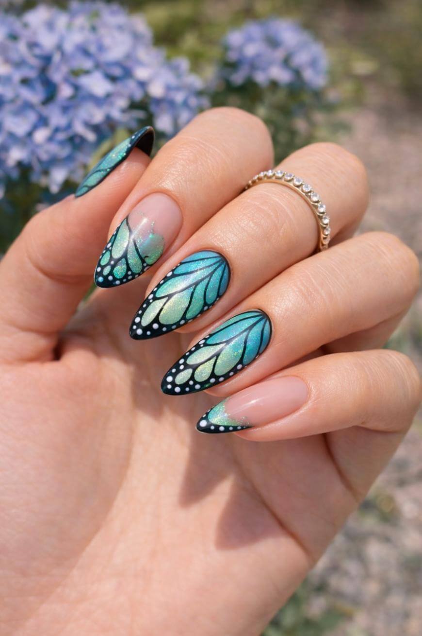 A hand with long, pointed nails painted like butterfly wings in shades of teal, blue, and green, with black outlines and white dots at the tips. The background features blurred purple flowers and greenery.