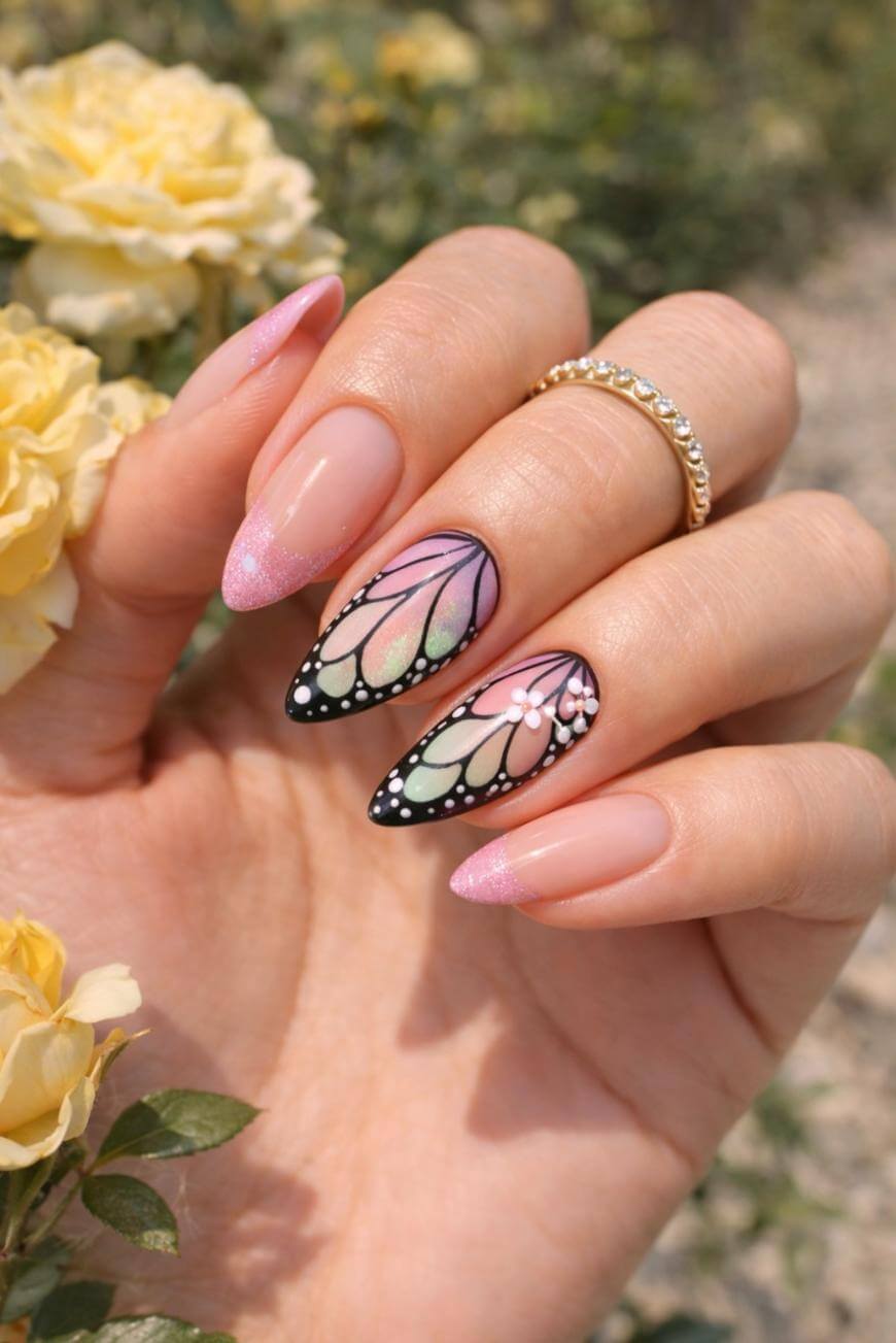 A hand with long, almond-shaped nails featuring a butterfly wing design in pastel shades and black outlines. Some nails have a pink gradient tip. Yellow roses are in the background.