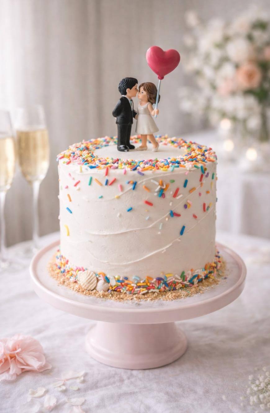 A white frosted cake with colorful sprinkles, topped with a bride and groom figurine holding a heart-shaped balloon. The cake sits on a pink stand, with champagne glasses and flowers in the background.