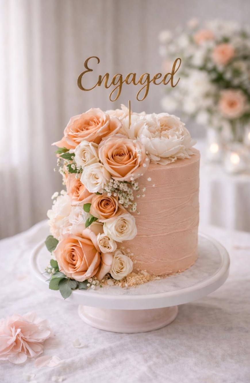 A light pink engagement cake decorated with peach and white roses, babys breath, and a gold Engaged topper, displayed on a white cake stand with a soft, floral background.