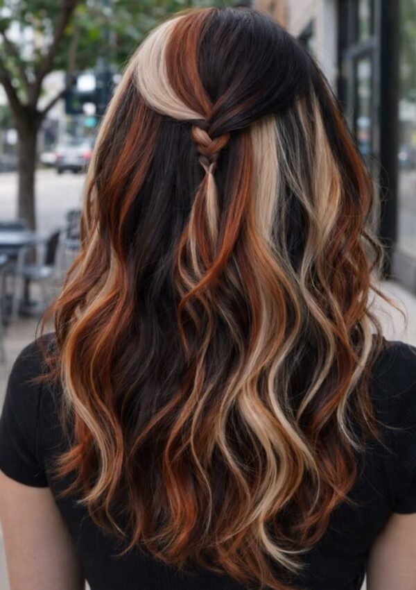 A woman with long wavy hair, featuring dark brown, caramel, and blonde balayage highlights. Her hair is styled in loose waves with a small twisted section pulled back at the crown. She is outdoors in an urban setting.