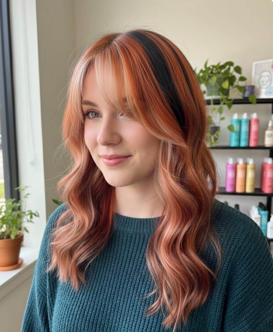 A young woman with wavy, shoulder-length reddish-orange hair and curtain bangs stands indoors by a window, wearing a teal sweater. Shelves with colorful bottles and green plants are in the background.