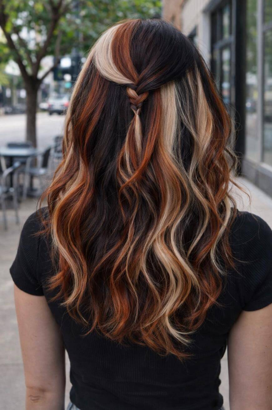A person with wavy, shoulder-length hair featuring dark brown, copper, and blonde highlights, styled in a half-up twist, standing outdoors on a city sidewalk.