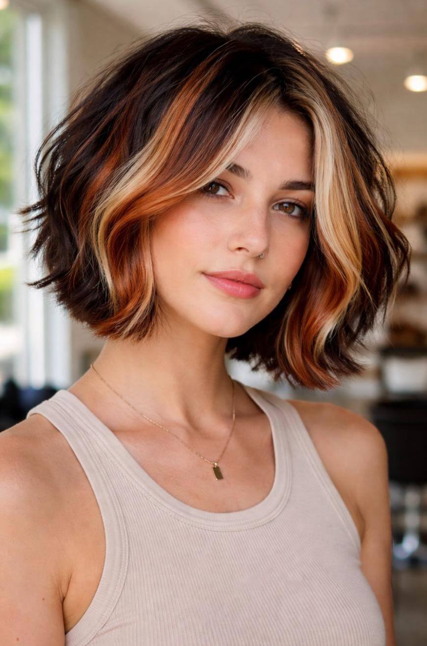 A woman with a short, wavy bob haircut featuring dark brown hair with caramel and blonde highlights wears a beige tank top and a delicate gold necklace, posing indoors with a soft smile.