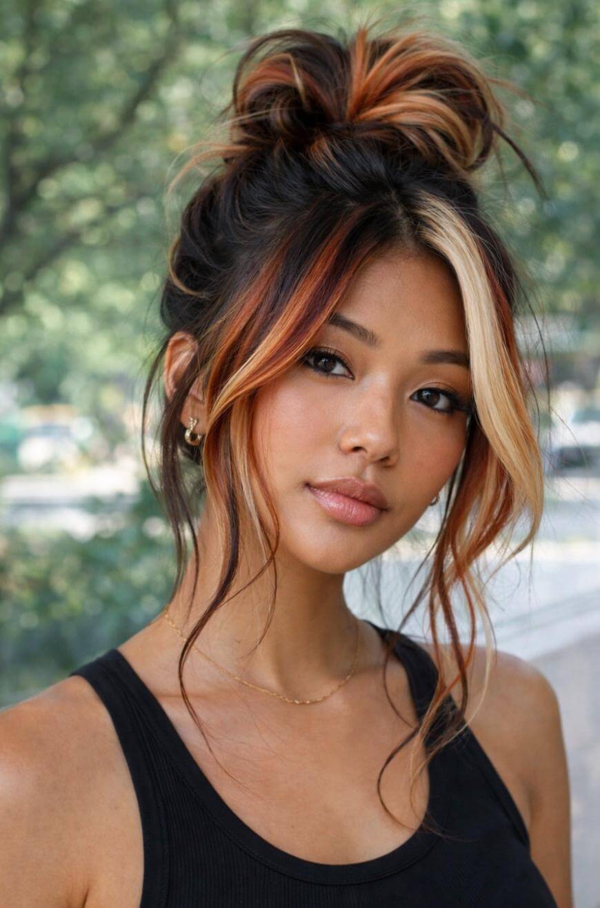 A woman with dark hair styled in a messy bun with blonde and copper highlights, wearing a black tank top and gold jewelry, stands outdoors with green trees blurred in the background.