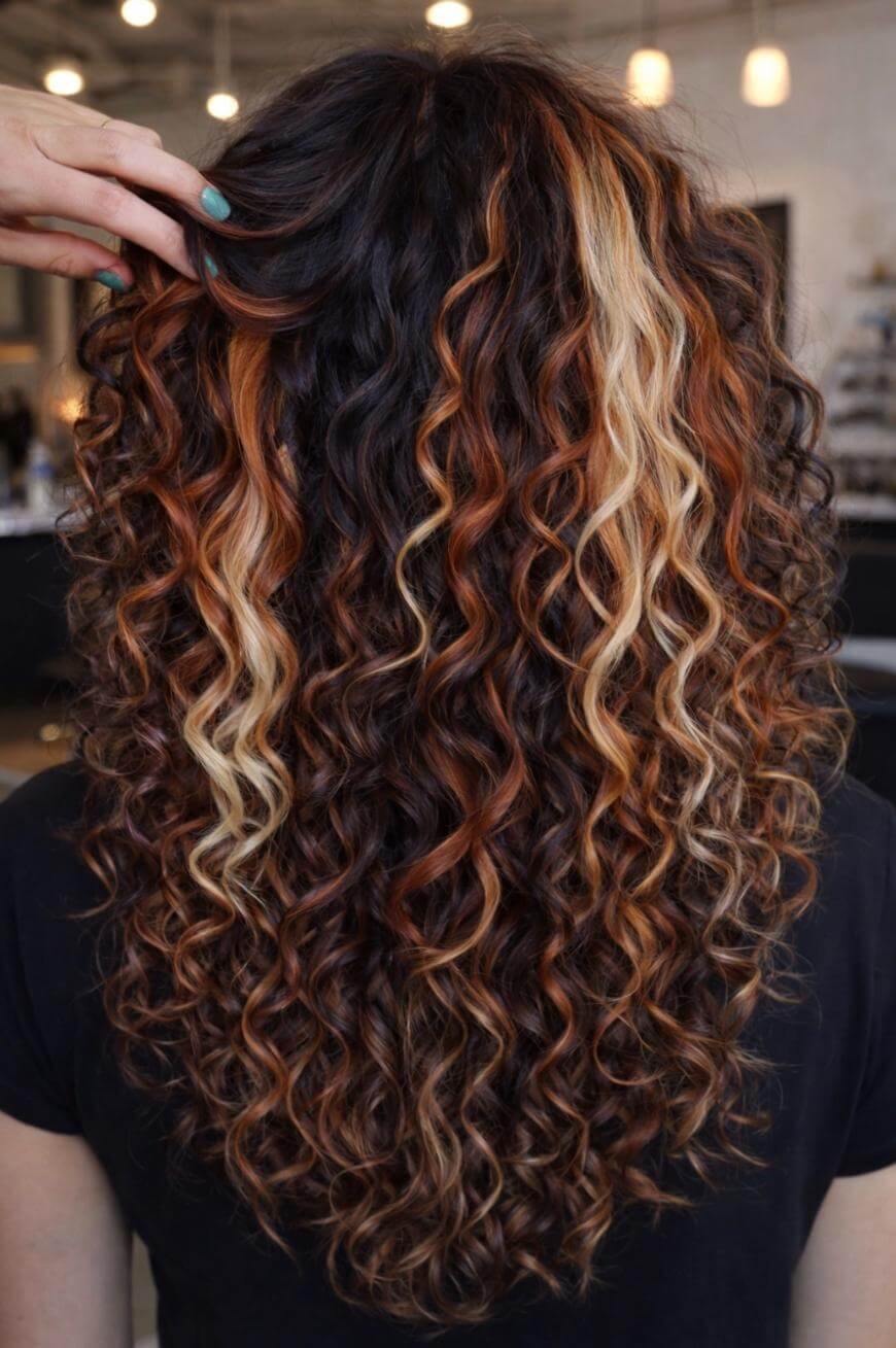 A person with long, dark brown, tightly curled hair featuring highlighted strands in blonde and copper tones is shown from the back. A hand lifts a section of hair to display the color contrasts and curls.