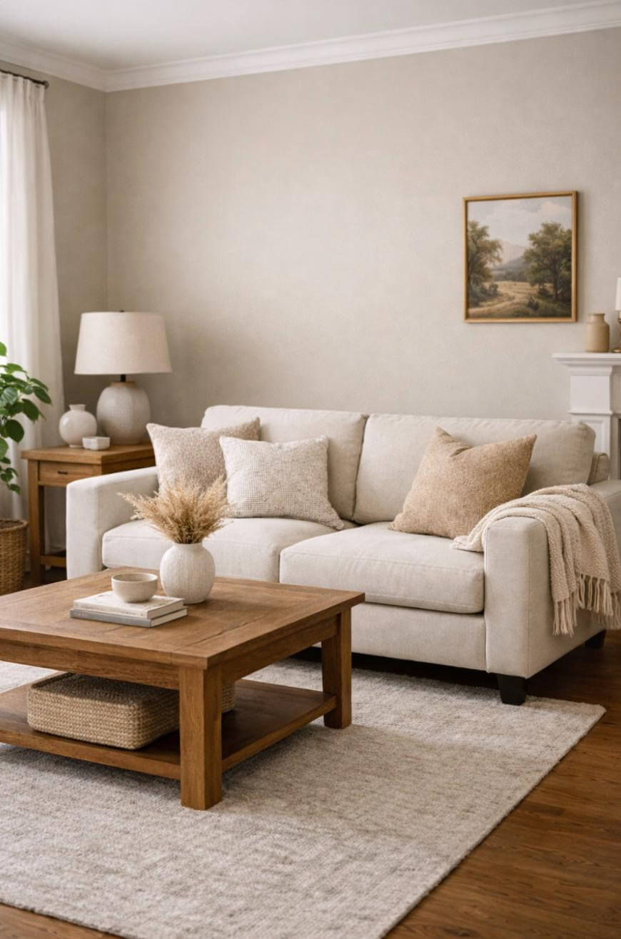 A cozy living room with a beige sofa, neutral throw pillows, a wooden coffee table with decor, a side table with a lamp, a plant, and a landscape painting on the wall. Light curtains and a rug complete the space.
