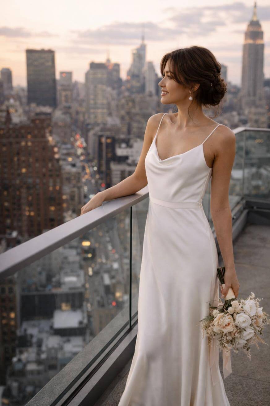 A woman in a white satin wedding dress stands on a rooftop balcony at sunset, holding a bouquet of flowers and smiling, with a city skyline in the background.