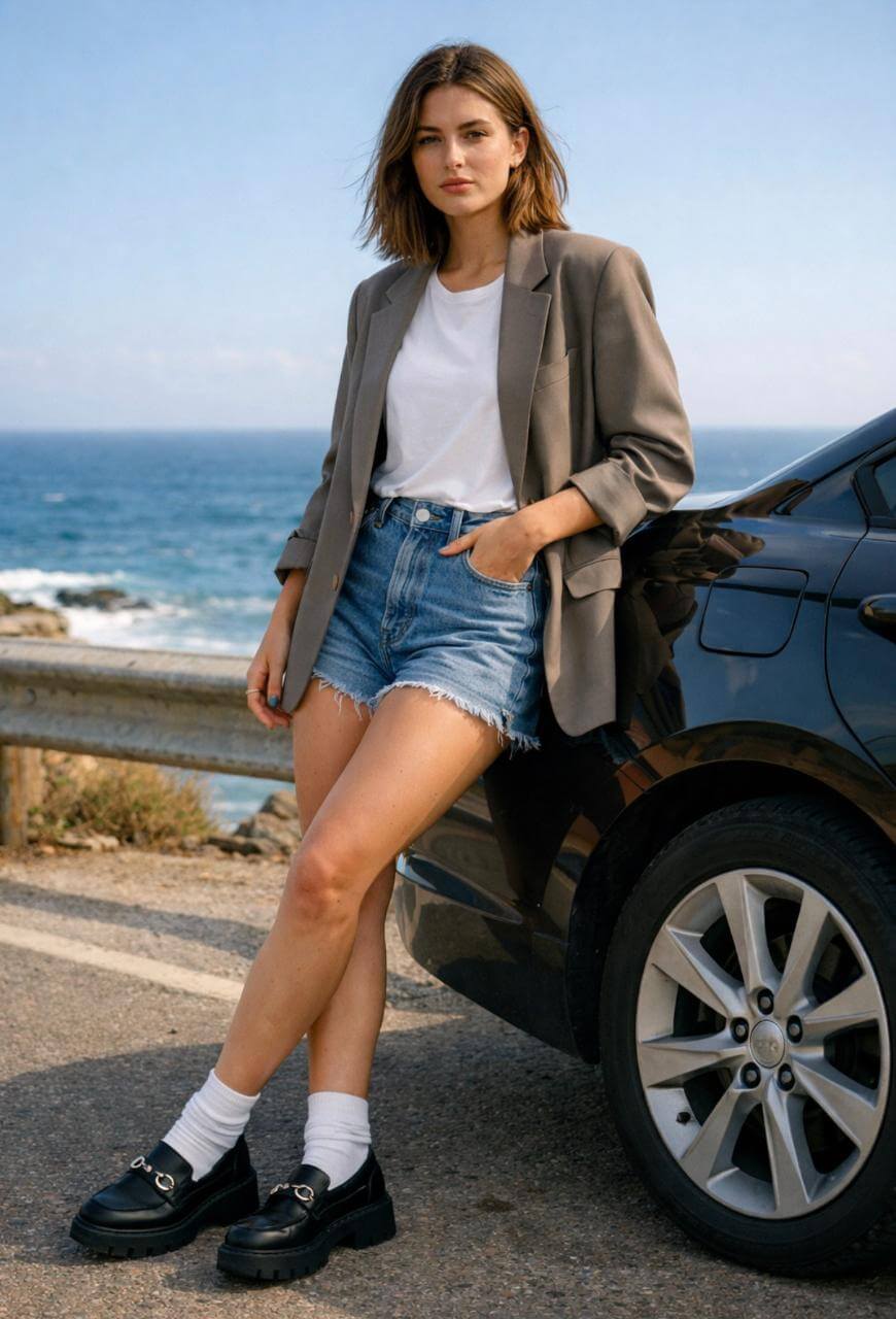A woman stands by a black car near the ocean, wearing a gray blazer, white t-shirt, denim shorts, white socks, and black loafers. She has a relaxed pose with her arms crossed and a scenic coastline in the background.