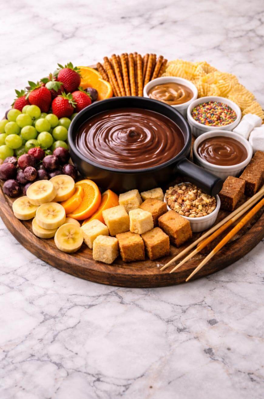 A round wooden platter with a bowl of chocolate fondue surrounded by strawberries, grapes, banana slices, orange slices, pretzel sticks, cookies, marshmallows, pound cake cubes, and small bowls of toppings.