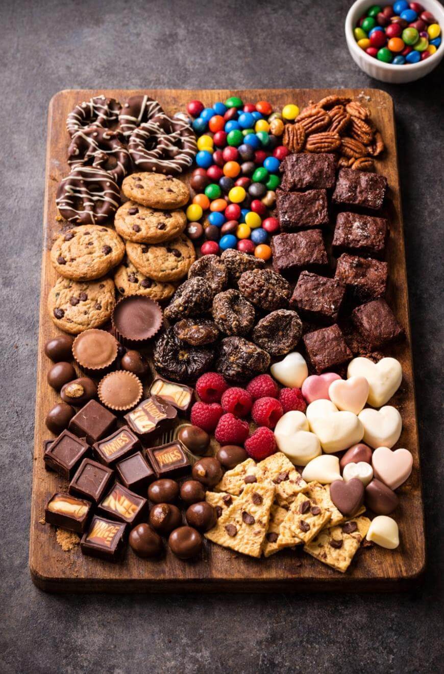 A wooden board filled with assorted desserts, including brownies, cookies, chocolate candies, peanut butter cups, chocolate squares, fresh raspberries, and heart-shaped white and milk chocolates, with a bowl of colorful candies in the background.