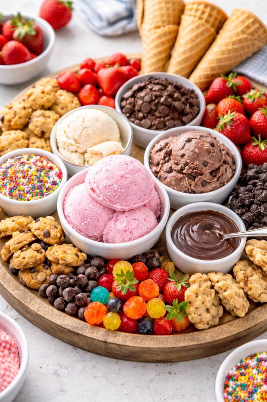 A wooden tray filled with scoops of ice cream, bowls of chocolate sauce, sprinkles, strawberries, chocolate chips, gummy candies, mini cookies, and waffle cones, arranged for a colorful dessert spread.