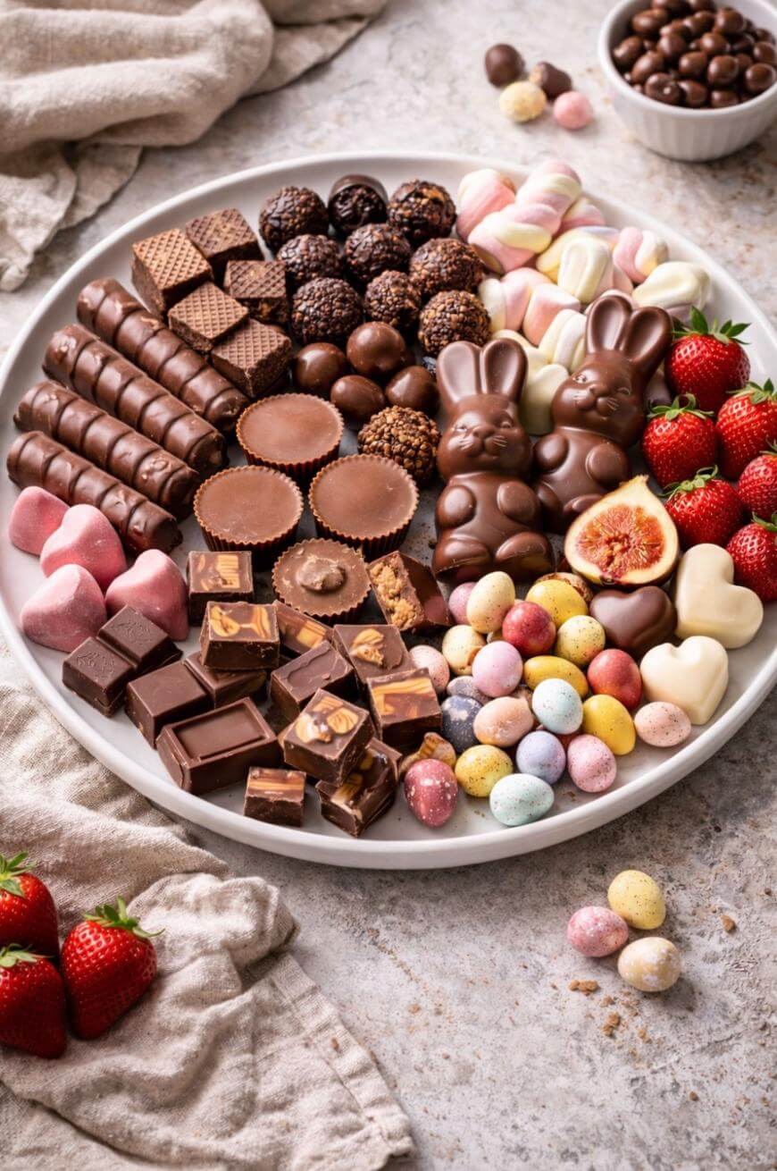 A large white platter filled with assorted chocolates, chocolate bunnies, wafers, peanut butter cups, chocolate eggs, strawberries, figs, heart-shaped chocolates, and colorful candy eggs. A bowl of chocolates sits nearby.