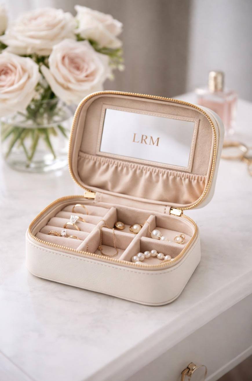 An open cream-colored jewelry box with compartments holding rings, earrings, and a pearl bracelet sits on a white surface. A bouquet of pale pink roses and a perfume bottle are in the blurred background.