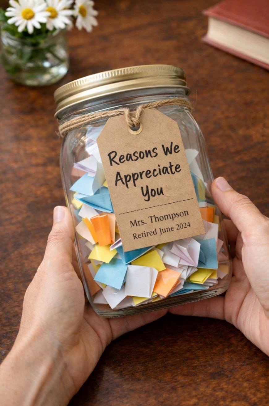 A person holds a glass jar filled with colorful folded notes. A tag on the jar reads, Reasons We Appreciate You—Mrs. Thompson, Retired June 2024. A vase of daisies and a closed book are on the table.