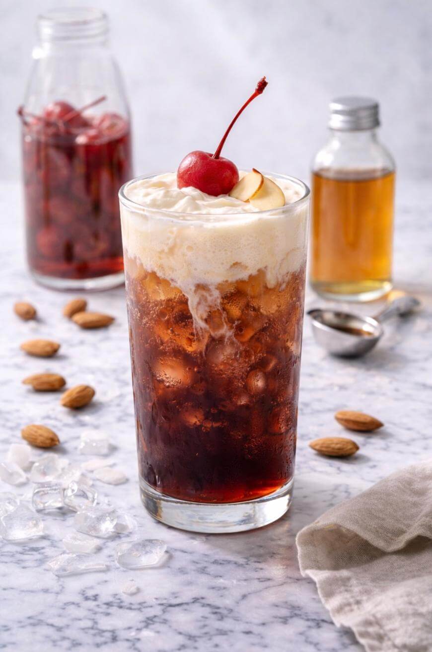 A glass of iced coffee topped with cream, a cherry, and almond slices, sits on a marble surface with scattered ice, almonds, a jar of cherries, and a small bottle of syrup in the background.