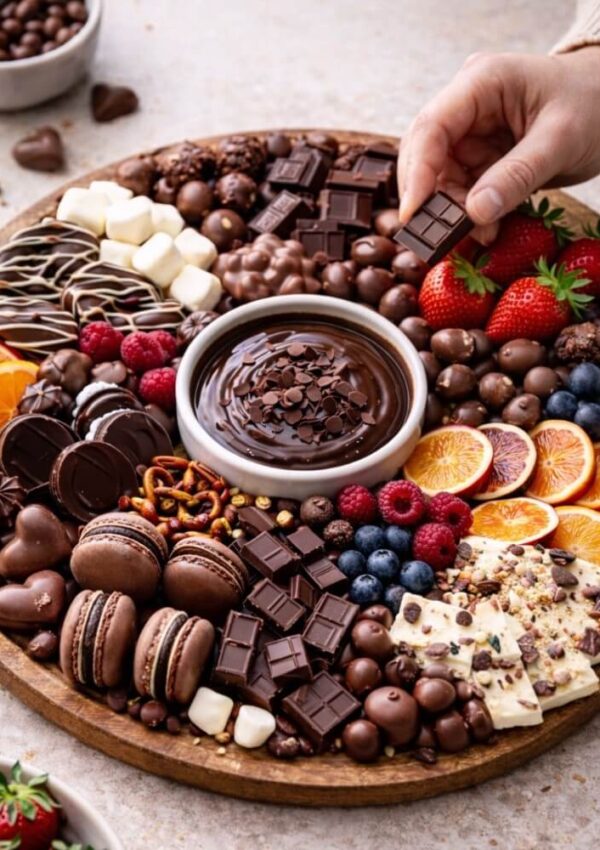 A round wooden platter filled with assorted chocolates, berries, orange slices, macarons, pretzels, and marshmallows, with chocolate dip in the center. A hand holds a square of chocolate over the platter.