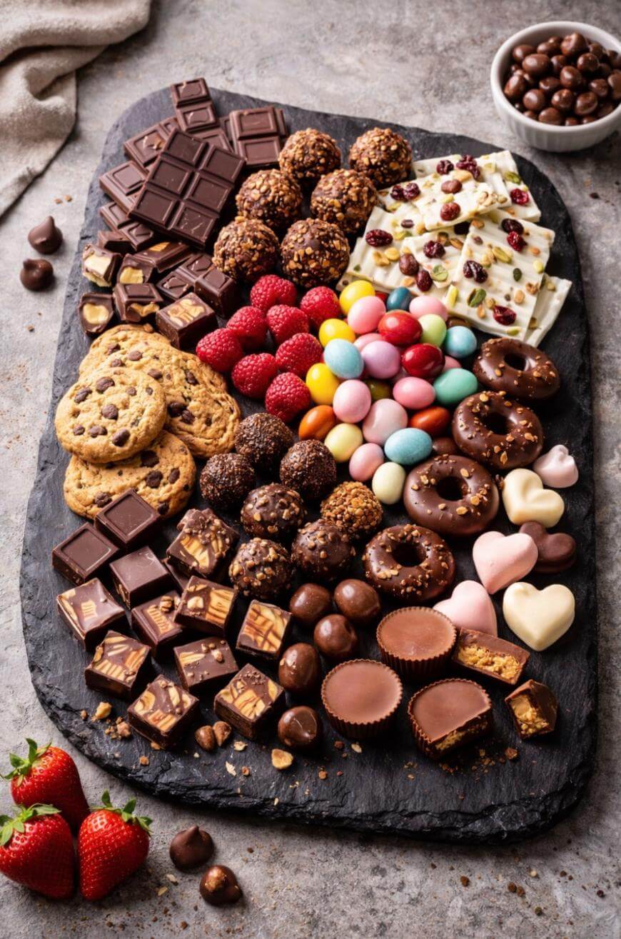 A slate platter filled with assorted chocolates, cookies, candy-coated eggs, chocolate truffles, chocolate bars, chocolate-covered nuts, white chocolate bark with cranberries, strawberries, and heart-shaped treats.