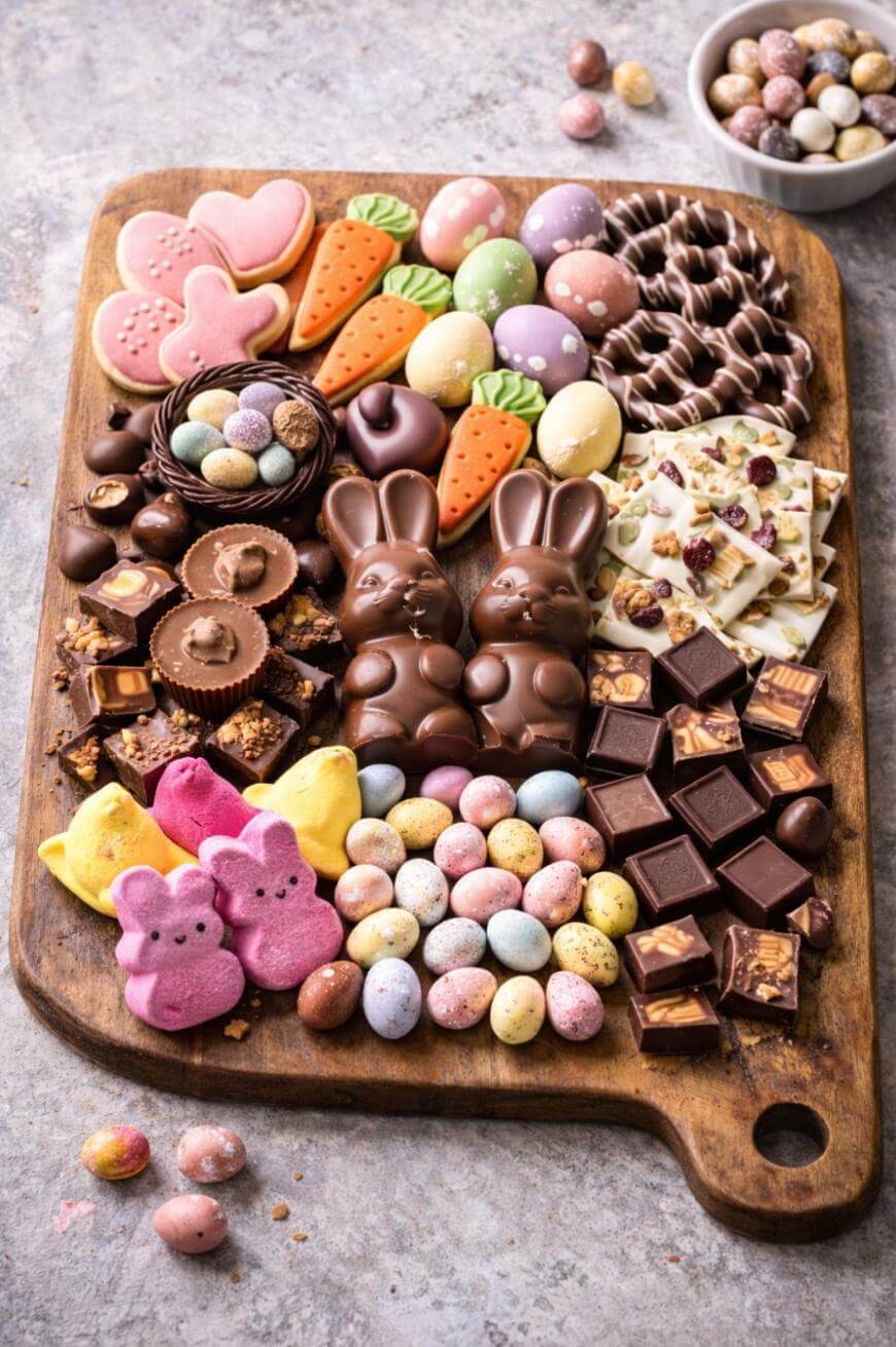 A wooden board filled with assorted Easter treats, including chocolate bunnies, chocolate squares, candy eggs, decorated cookies, chocolate bark, peanut butter cups, pretzels, and marshmallow chicks. A bowl of candy eggs is nearby.