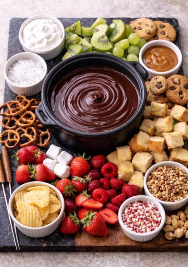 A tray with a pot of melted chocolate in the center, surrounded by strawberries, raspberries, grapes, kiwi, cookies, marshmallows, pound cake cubes, pretzels, potato chips, nuts, and small bowls of toppings and dips.