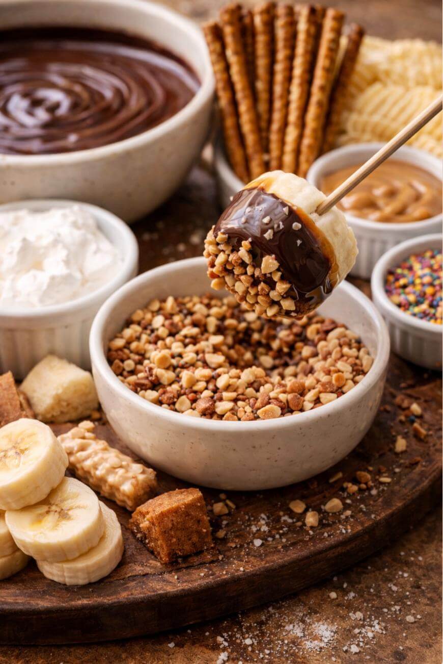 A banana slice dipped in chocolate and chopped nuts is held above a bowl. Surrounding it are bowls of chocolate, whipped cream, peanut butter, sprinkles, pretzels, wafers, and more banana slices on a wooden surface.