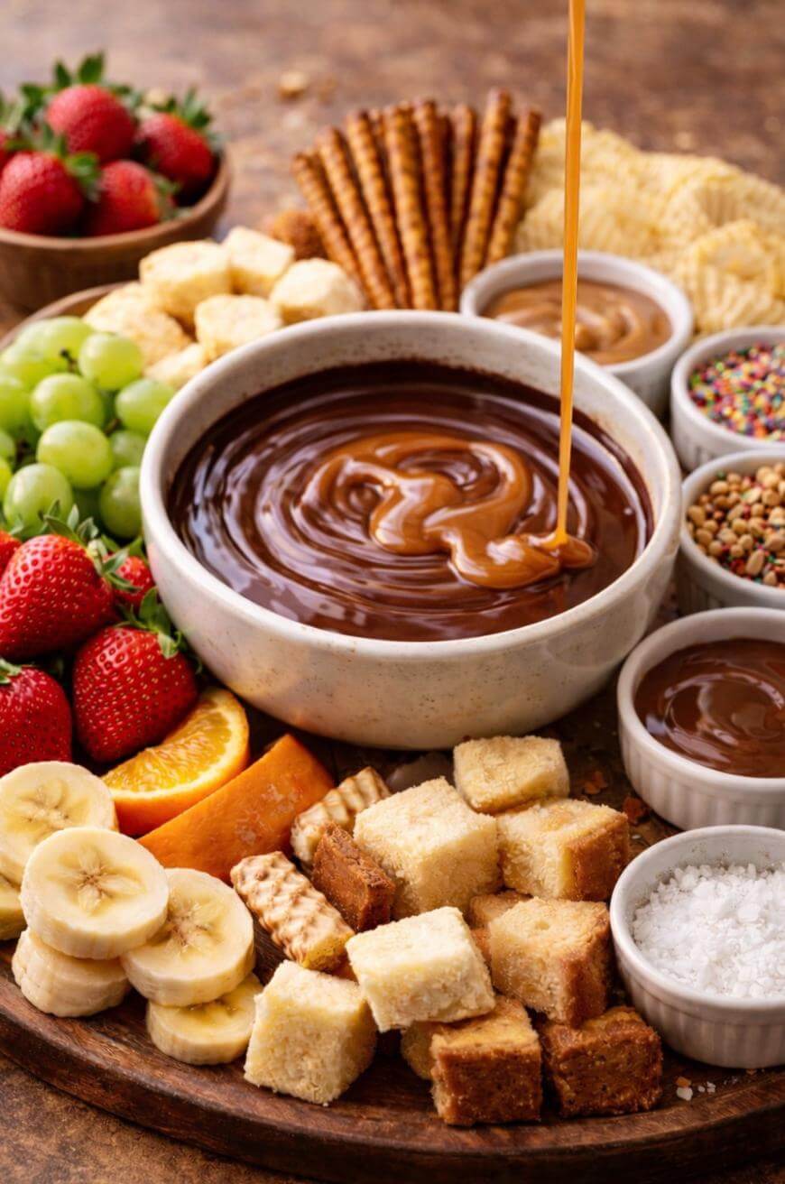 A bowl of caramel sauce surrounded by strawberries, grapes, orange slices, banana slices, pretzels, wafers, and small bowls of toppings and dips, with caramel being poured into the main bowl.