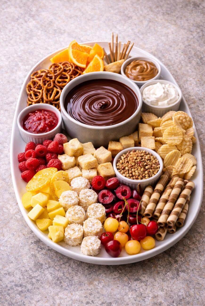 An oval platter filled with a variety of snacks, including fruit, pretzels, cookies, wafers, chips, and dipping sauces, with a large bowl of chocolate fondue in the center.