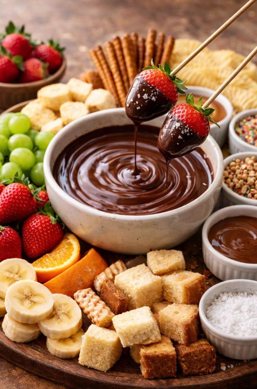 A platter with a bowl of melted chocolate in the center, surrounded by fruits, cubes of cake, pretzel sticks, cookies, and small bowls of toppings. Two strawberries are dipped into the chocolate on skewers.