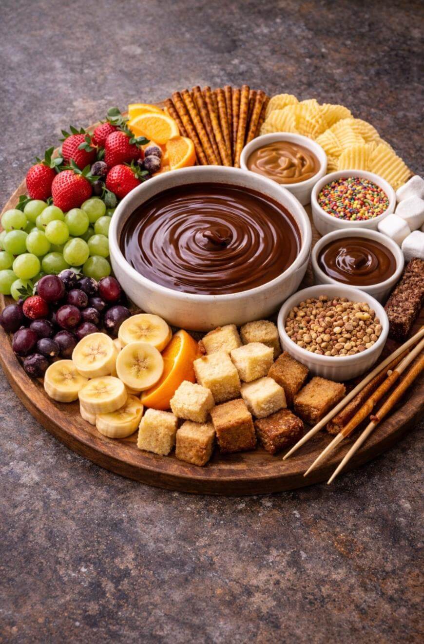 A round wooden platter with a bowl of chocolate fondue in the center, surrounded by fruits, cookies, pretzel sticks, potato chips, marshmallows, caramel sauce, sprinkles, and cubes of cake on a textured surface.