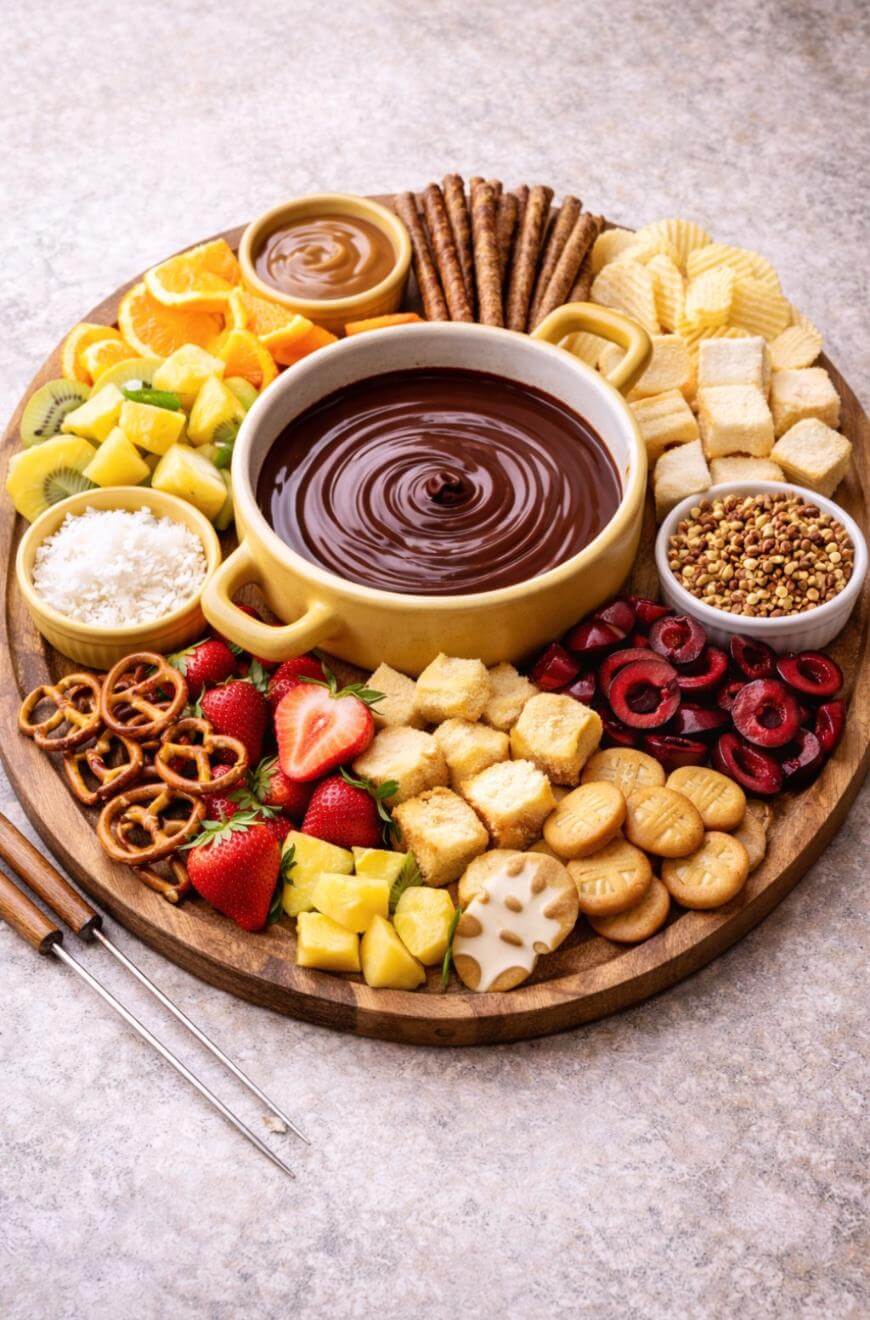A round wooden platter holds a pot of chocolate fondue surrounded by assorted fruits, cookies, pretzels, wafers, chips, and dipping sauces, with fondue forks placed beside the tray.