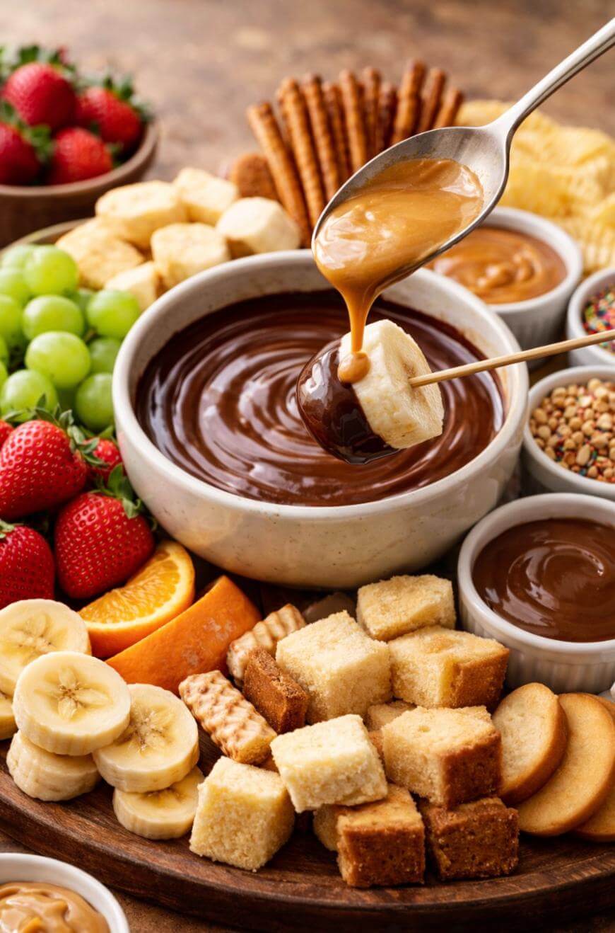 A platter with fruits, cookies, and cubes of cake surrounds a bowl of chocolate fondue. A spoon drizzles caramel over a banana slice on a skewer above the chocolate dip. Strawberries, grapes, and orange slices are visible.