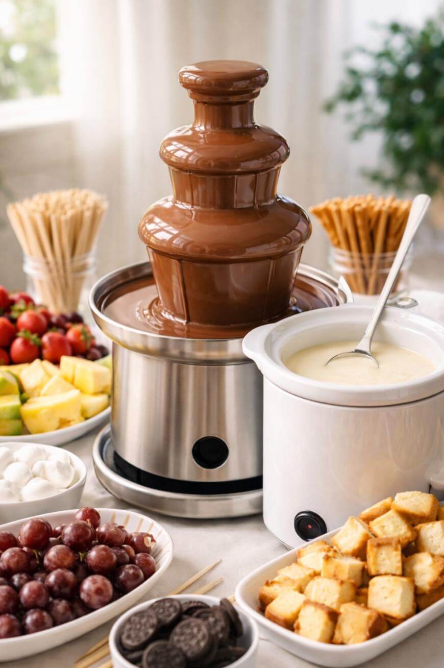 A chocolate fountain and a white fondue pot with cheese are surrounded by plates of fruit, bread cubes, marshmallows, cookies, and skewers on a table.