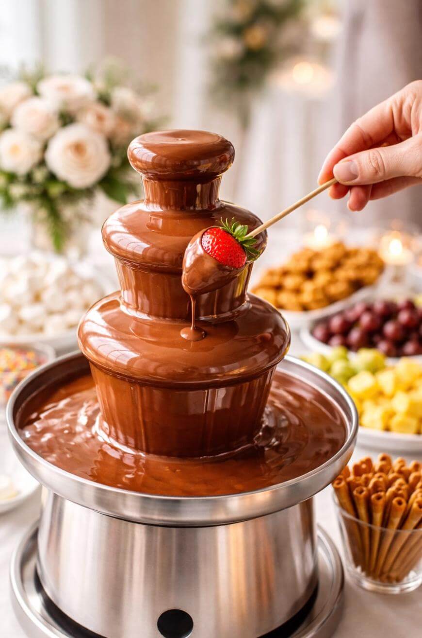 A hand dips a fresh strawberry on a skewer into a flowing chocolate fountain, with assorted fruits, marshmallows, and snacks arranged on a table in the background.
