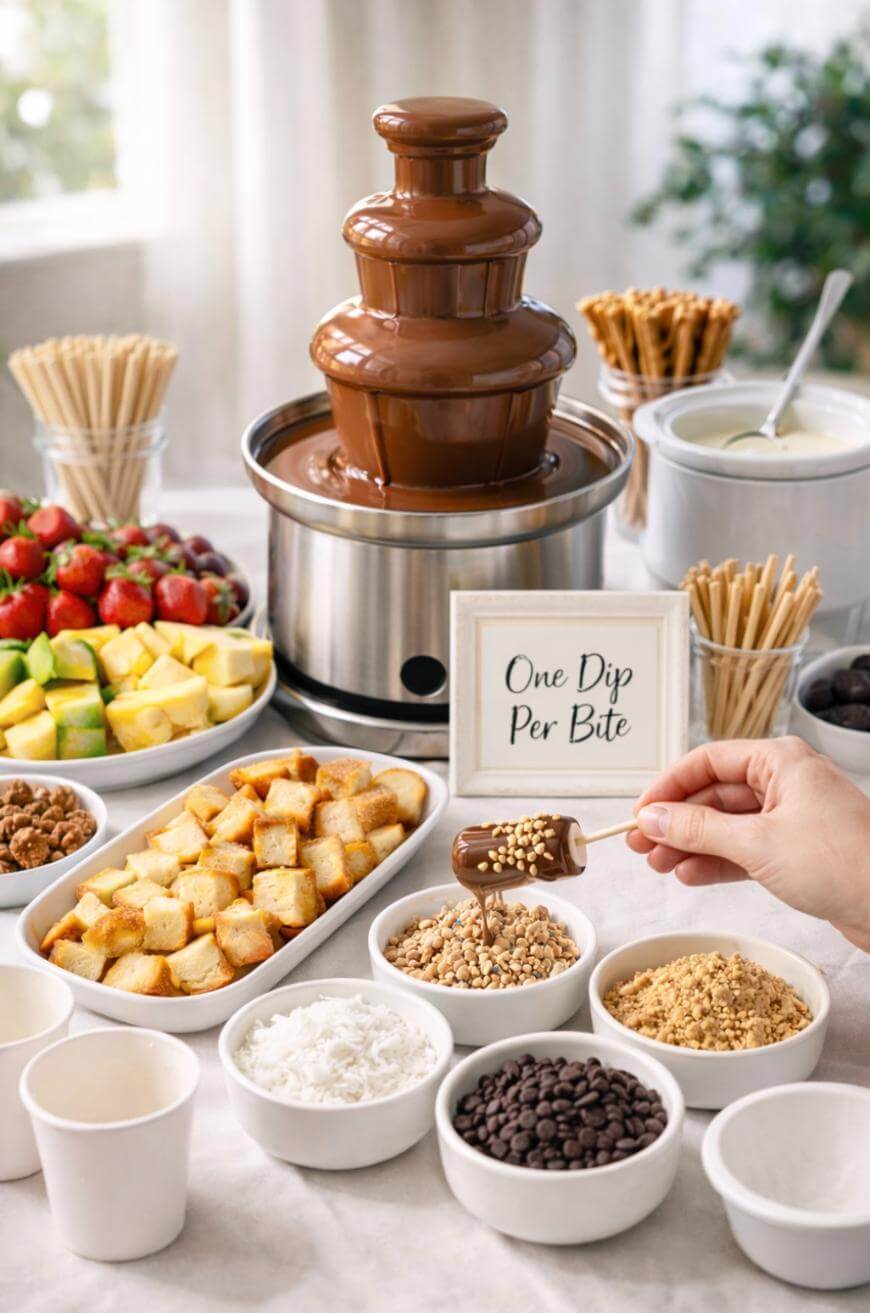 A chocolate fountain surrounded by bowls of fruits, cake cubes, chocolate chips, coconut, nuts, and dipping sticks. A person dips food into chocolate, and a sign reads “One Dip Per Bite.”.
