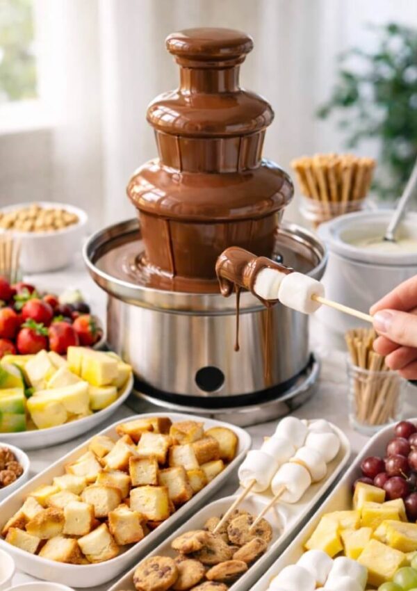 A chocolate fountain surrounded by trays of various dippable treats, including strawberries, pineapple, grapes, marshmallows, cookies, and cubes of bread. A hand dips a marshmallow skewer into the chocolate.