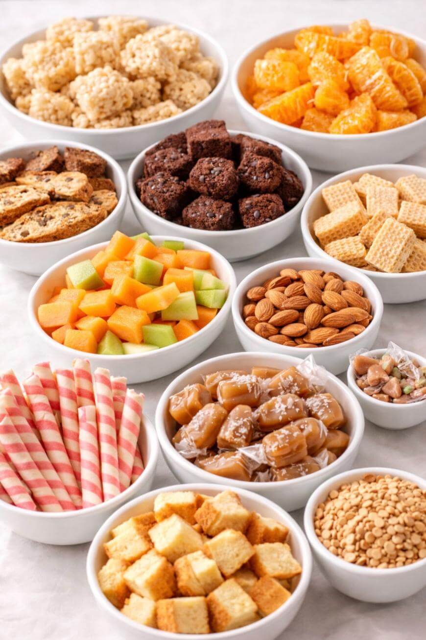 A variety of snacks arranged in white bowls, including rice treats, orange segments, brownies, biscotti, wafer cookies, melon cubes, almonds, caramel candies, bread cubes, striped wafer rolls, peanuts, and lentils.