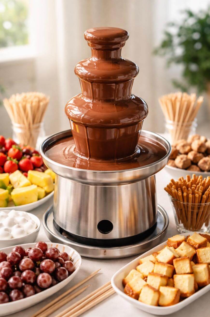 A chocolate fountain surrounded by plates of fruits like strawberries, grapes, pineapple, cubes of cake, marshmallows, and skewers for dipping. The scene is bright and inviting, set on a white table.